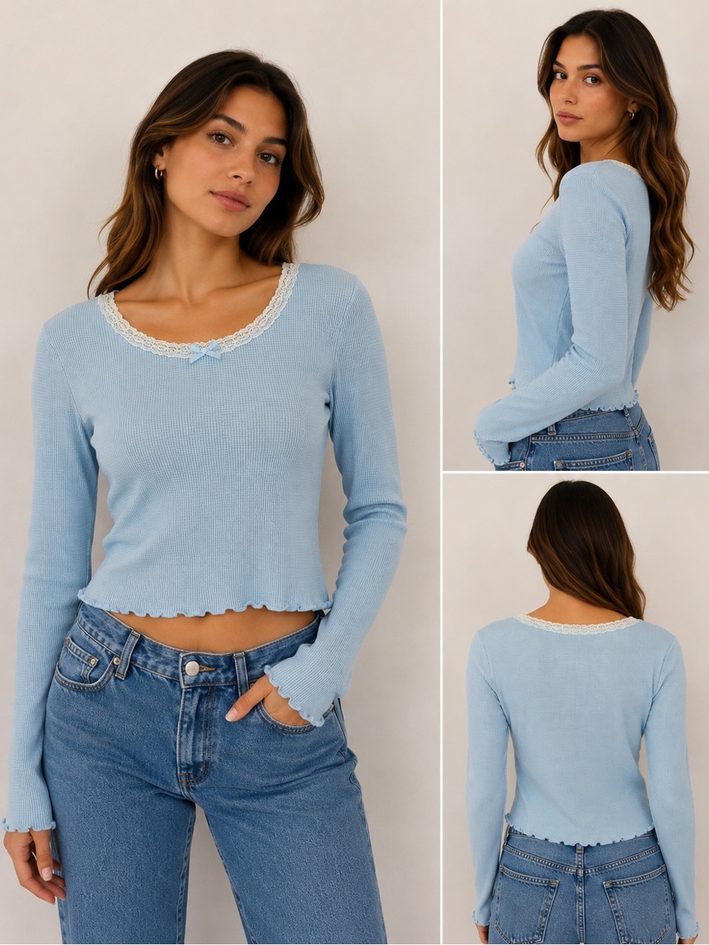 Polly & Esther Light Blue Lace-Trim Ribbed Long Sleeve Top